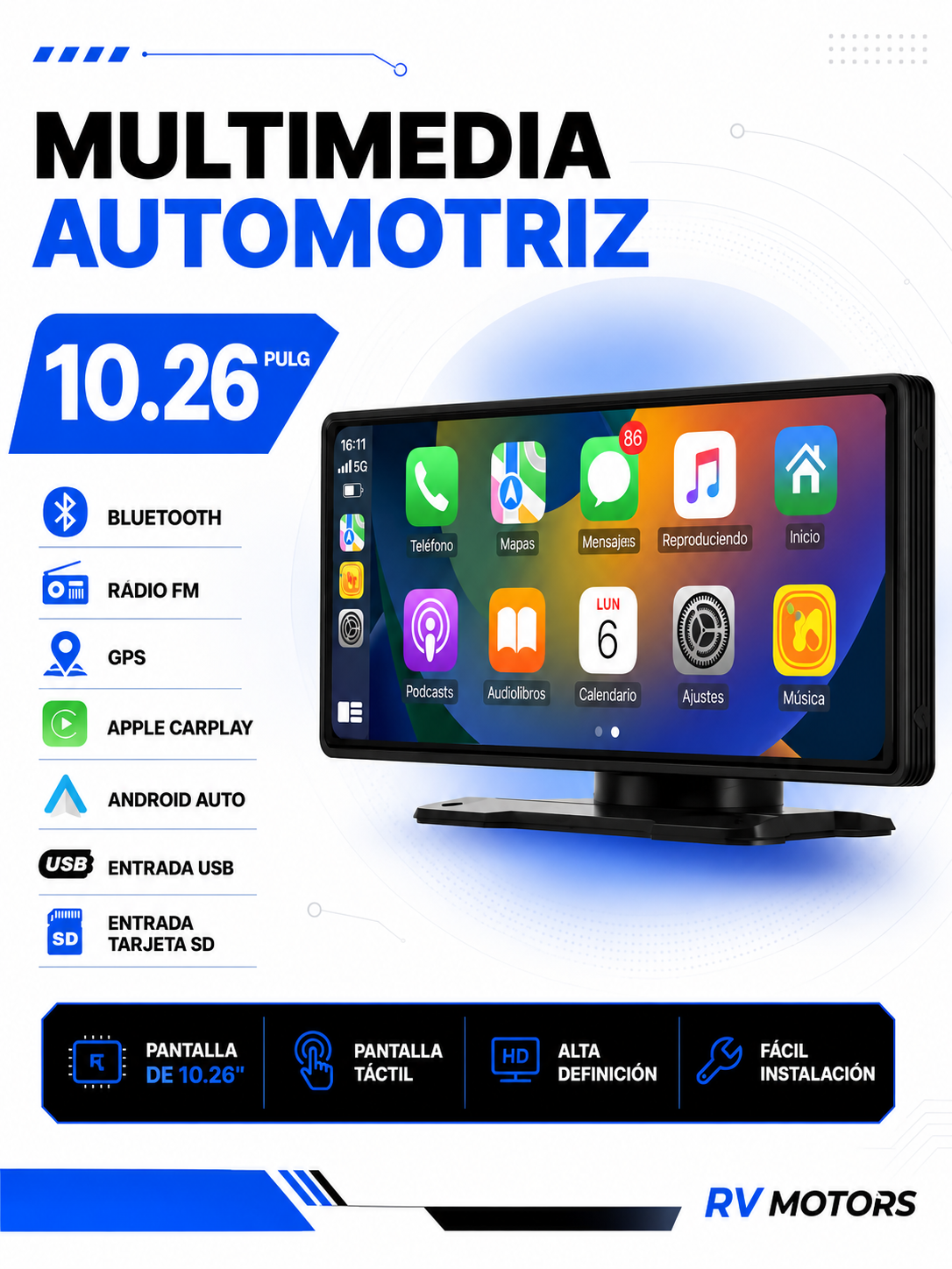 Central Multimedia RV MOTORS | Universal WiFi CarPlay Android Auto 10.26”