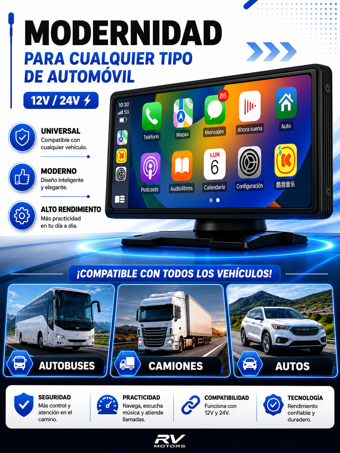 Central Multimedia RV MOTORS | Universal WiFi CarPlay Android Auto 10.26”